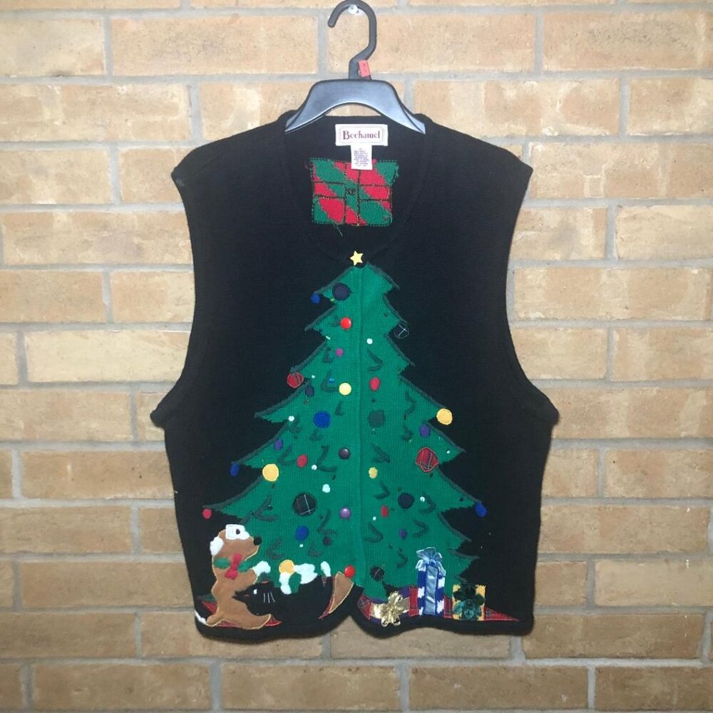 Bechamel Ugly Christmas Sweater Vest 90s Christmas Tree Dog Gifts Sz XLg Vintage